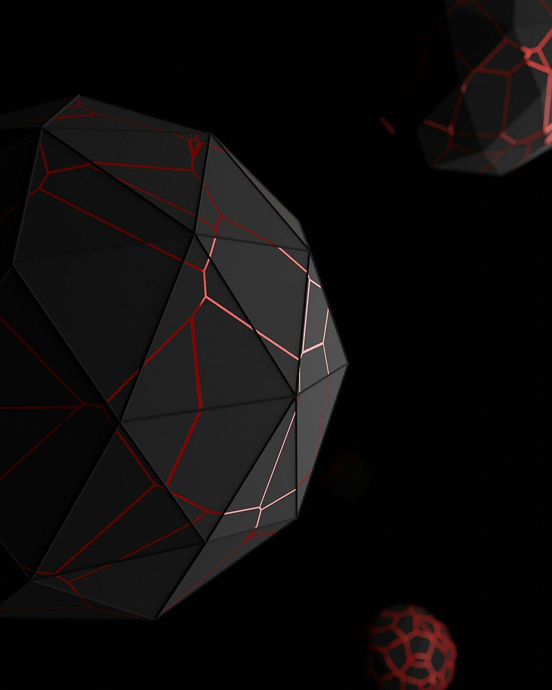 A dark minimalistic geometric background with red lines on the edges of shapes, a large black polygonal sphere in front and two smaller spheres behind it, all made in the style of low poly style, no perspective distortion or lighting effects, with a simple and elegant design, perfect for an iPhone wallpaper.