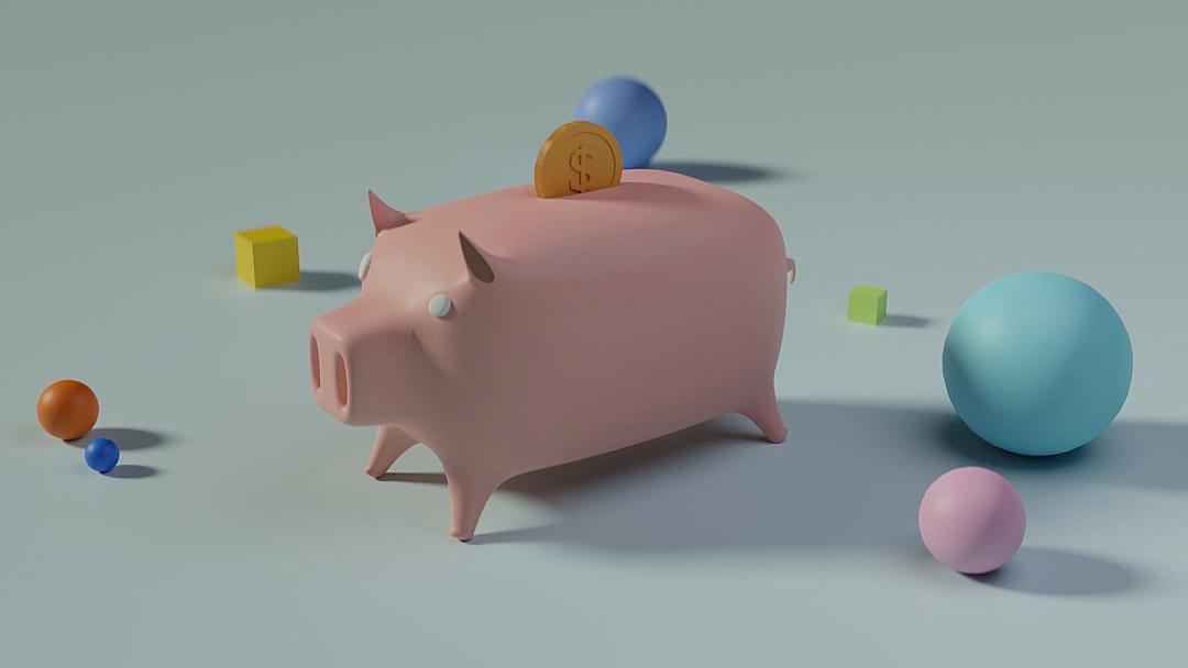 3D render of a piggy bank containing coins, composed of simple shapes and pastel colors, created in the style of cinema4D, with a minimalist aesthetic, simple background, and few other objects in the scene.