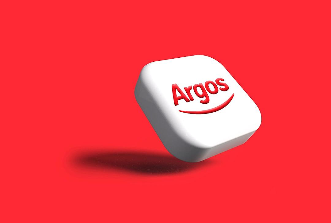 3d isometric icon ,white text ” improvised logo of the Argos brand on white with red background” floating in air, simple minimal style, low detail