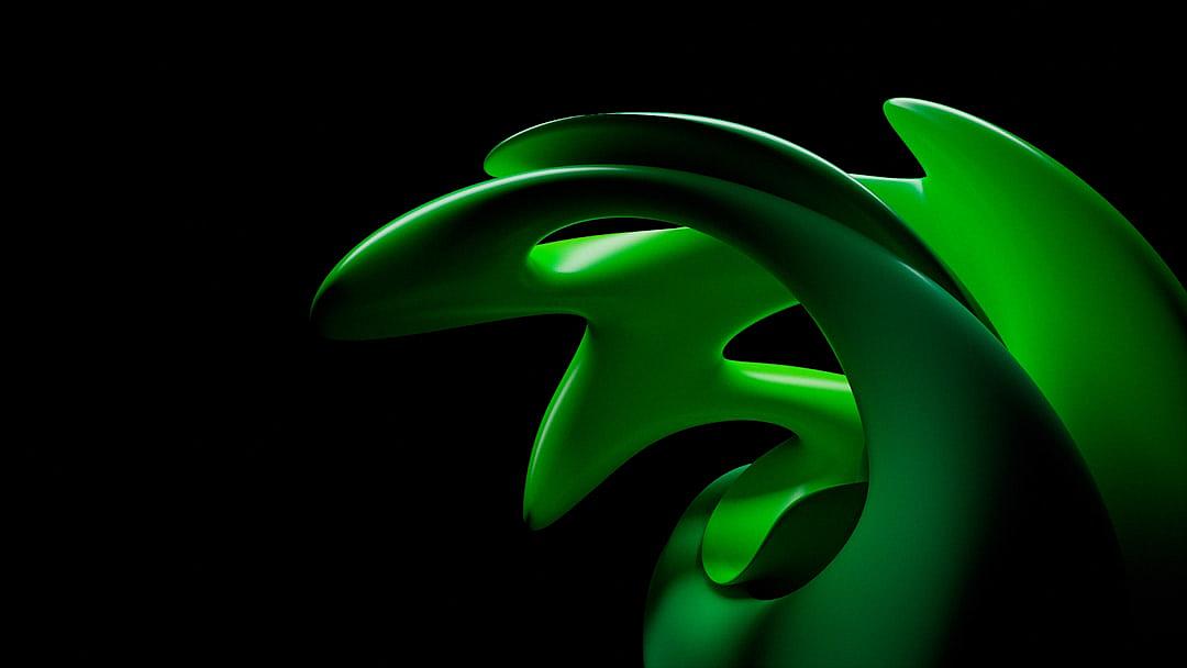 green abstract sculpture, black background, 3d render, green lighting, octane rendering, cinema4D, high resolution,