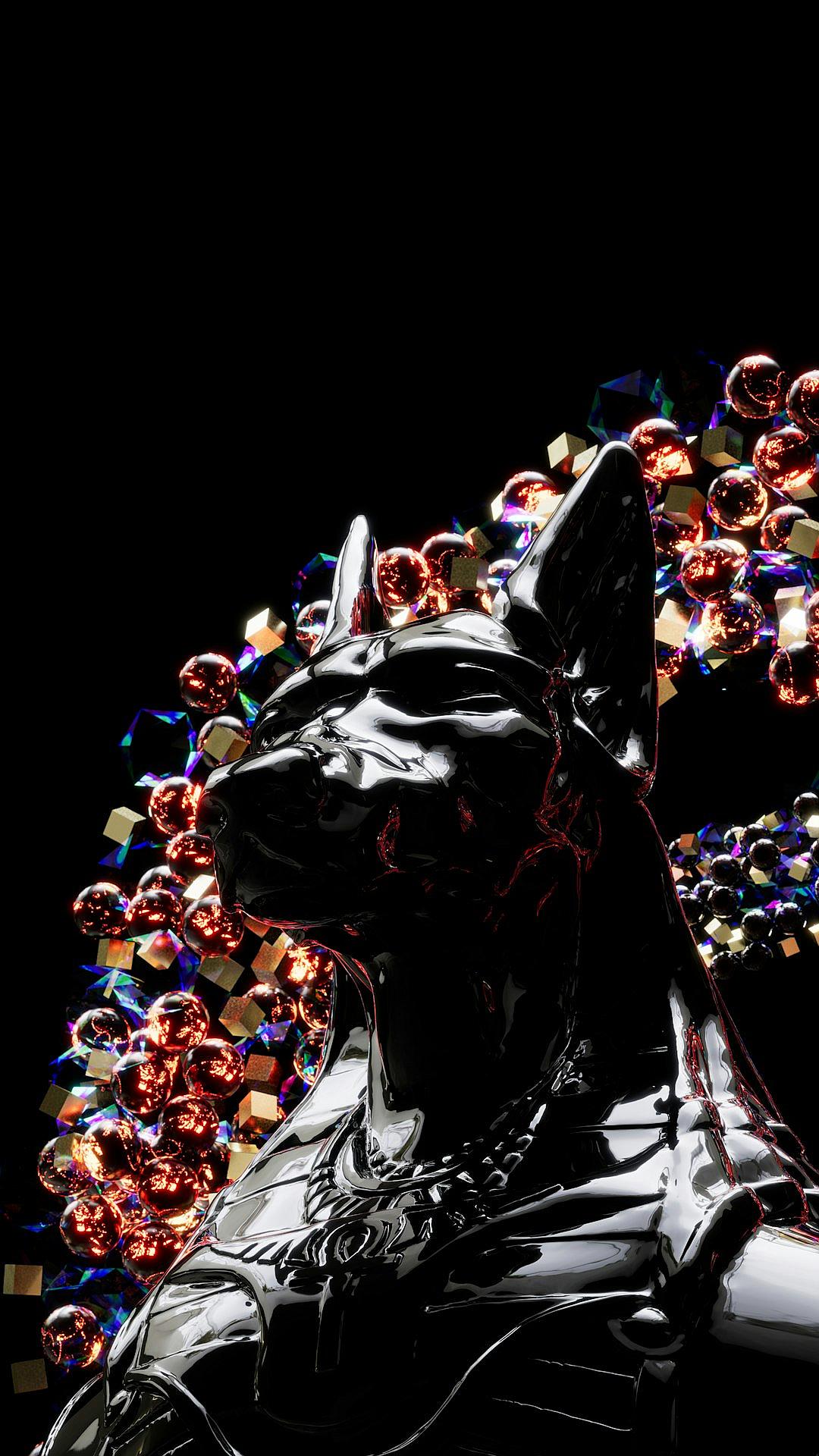 black background, closeup of the head and shoulders of an ancient Egyptian black cat statue made from chrome with shiny metallic texture. The statue is surrounded by multicolored jewels in different shapes and sizes, making it look like a halo or crown around its neck. There’s a strong sense of depth to the scene due to dramatic lighting. It feels powerful and elegant against the dark backdrop.