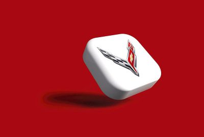 C4OST logo on a white cube, Chevrolet Corvette emblem, red background, 3D render, vector illustration created in the style of Adobe Illustrator, simple design, high resolution, high quality, high detail, hyper realistic style with no blur effect, no grainy textures, no shadows, no noise filter.