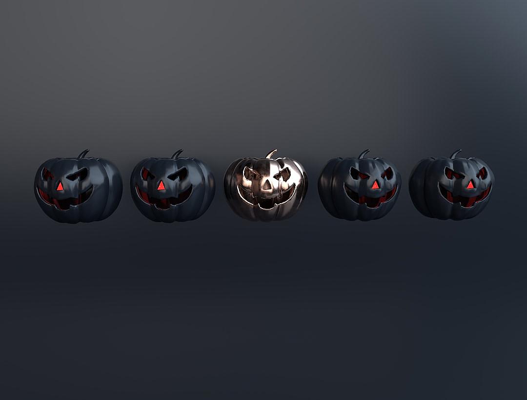 5 cute Halloween pumpkins, simple design, 3D render, octane render, plain dark grey background, symmetrical. The pumpkins are rendered in the style of octane render.