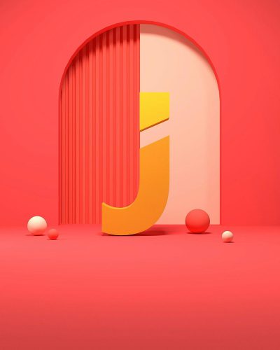 3D rendering of the letter J with an arch in front, using simple shapes and a minimal design. A pink and orange color palette is used, with a matte material and plain background. Rendered in the style of cinema4D and vray tracing.