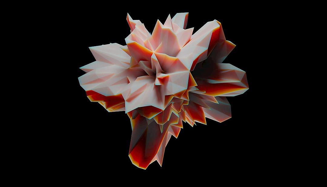 A three-dimensional model of an abstract flower made from geometric shapes, rendered in Cinema4D with a black background. It features soft edges and subtle gradients, creating a sense of depth that adds to its visual appeal. The colors used for the petals include shades of red and orange, adding vibrancy while maintaining simplicity. This design is suitable as a digital rendering or as part of creative projects where color play plays a central role, in the style of abstract art.