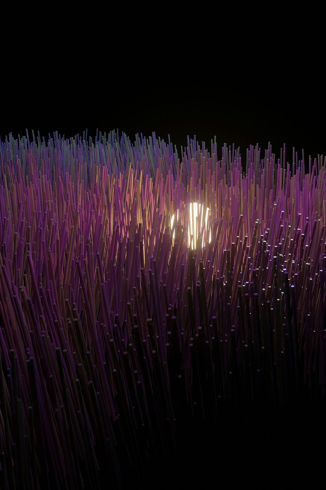 3d render of a field made out of thousands purple and black gradient straw sticks, with light shining through the top in a dark room