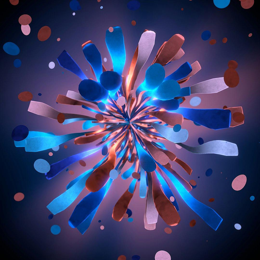 3d illustration of abstract fireworks made from blue and red ribbons, blue background with some light pink dots flying around