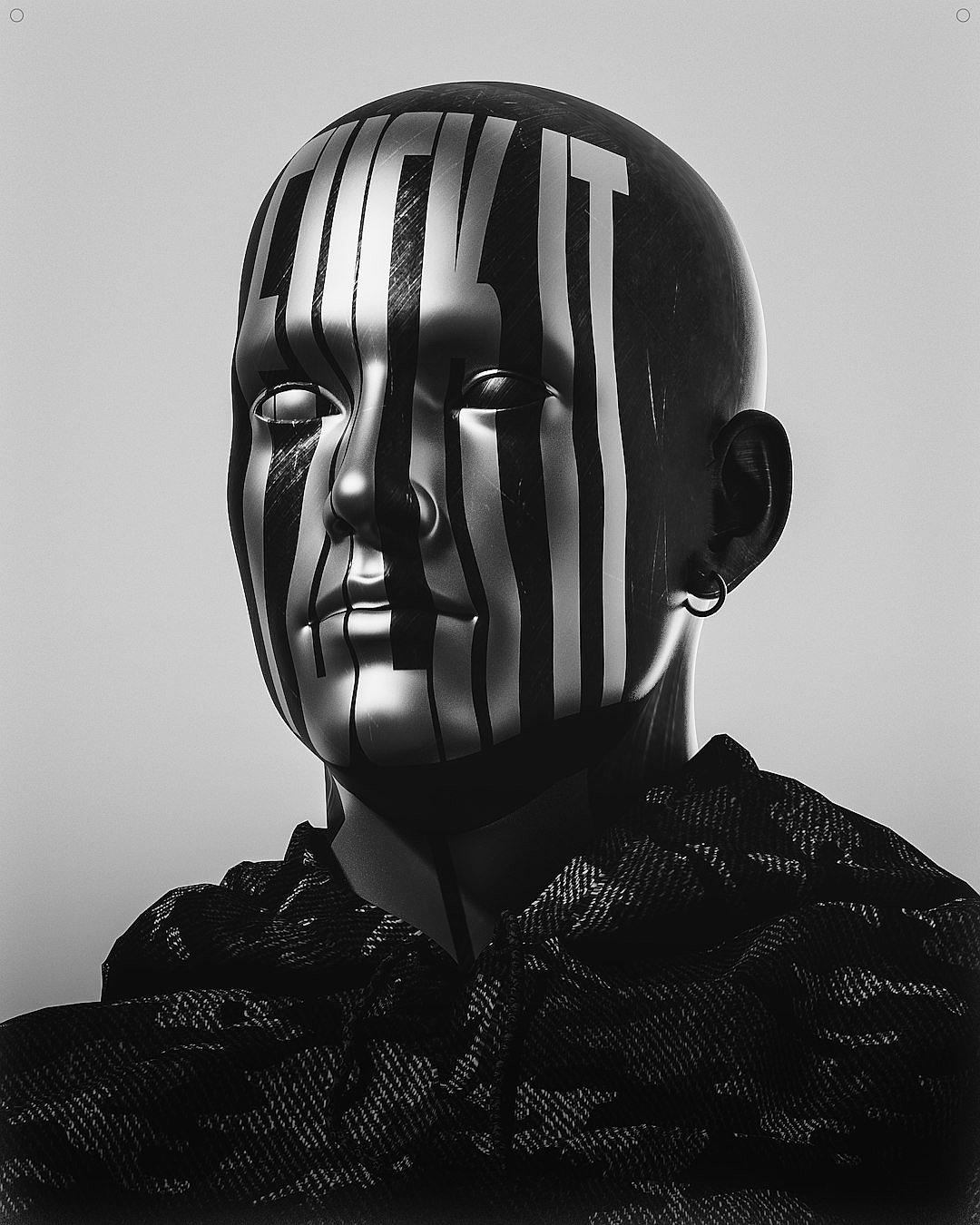 The word “HADOWstext” made of black and white stripes on the face, bald mannequin wearing made from wool fabric, hyper realistic photography, editorial pose in the style of hyper realistic photography.