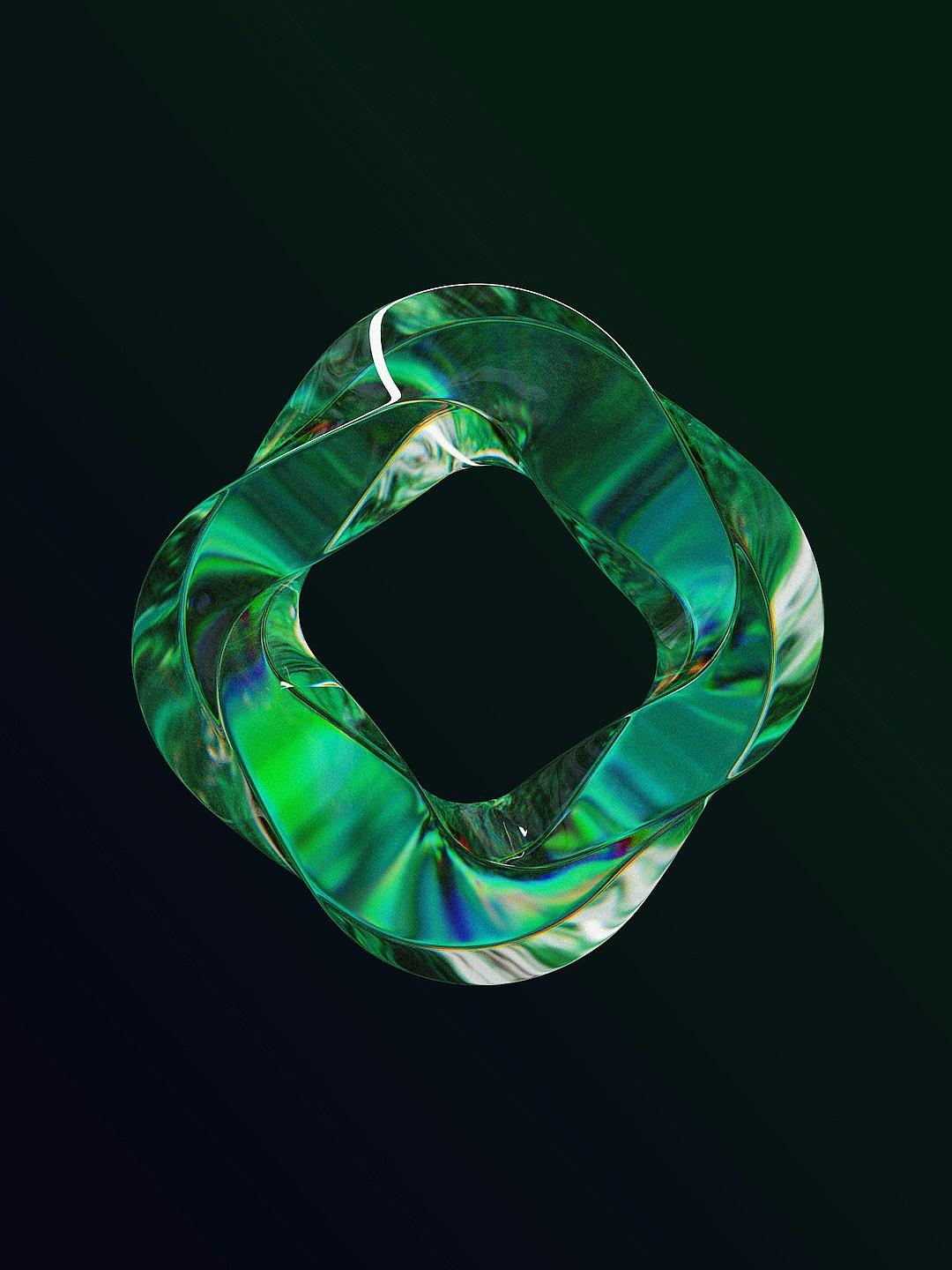 An abstract sculpture of glass, with the edges curved and a square hole in its center. The surface is green and shimmers like an emerald on dark background. It’s a 3D rendering with high resolution and a high level of detail.