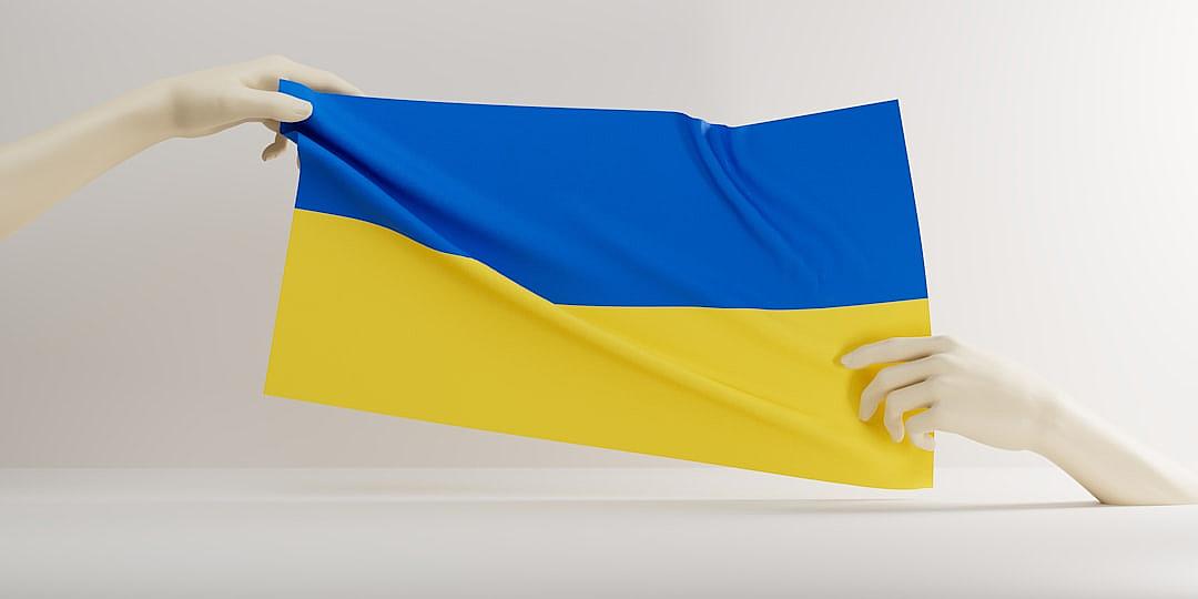 3D render of hands holding the Ukrainian flag on a white background, simple, minimalist style. The image is rendered in the style of minimalism.