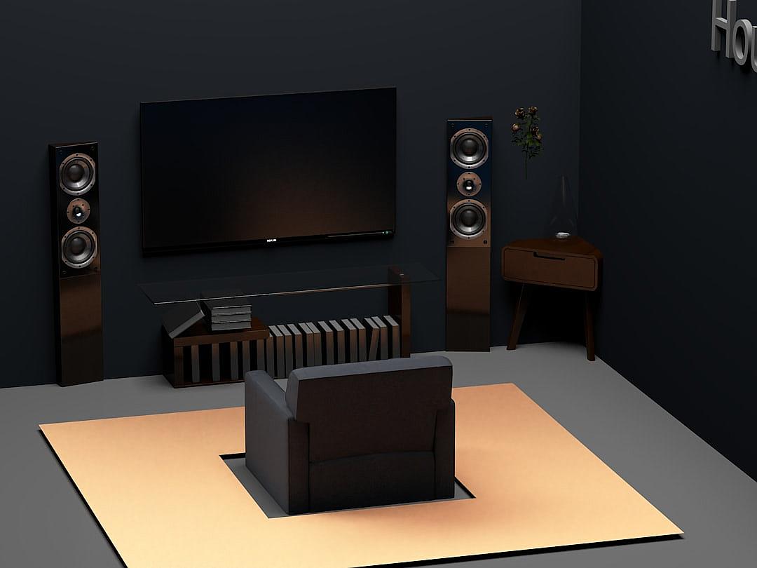 A simple room with black walls, a large flatscreen TV on the wall and two floor speakers in a dark brown color. There is an armchair at one end of it. The area around them has beige carpeting. In front there is a table for playing gamepads or console, in the style of 3d rendering.