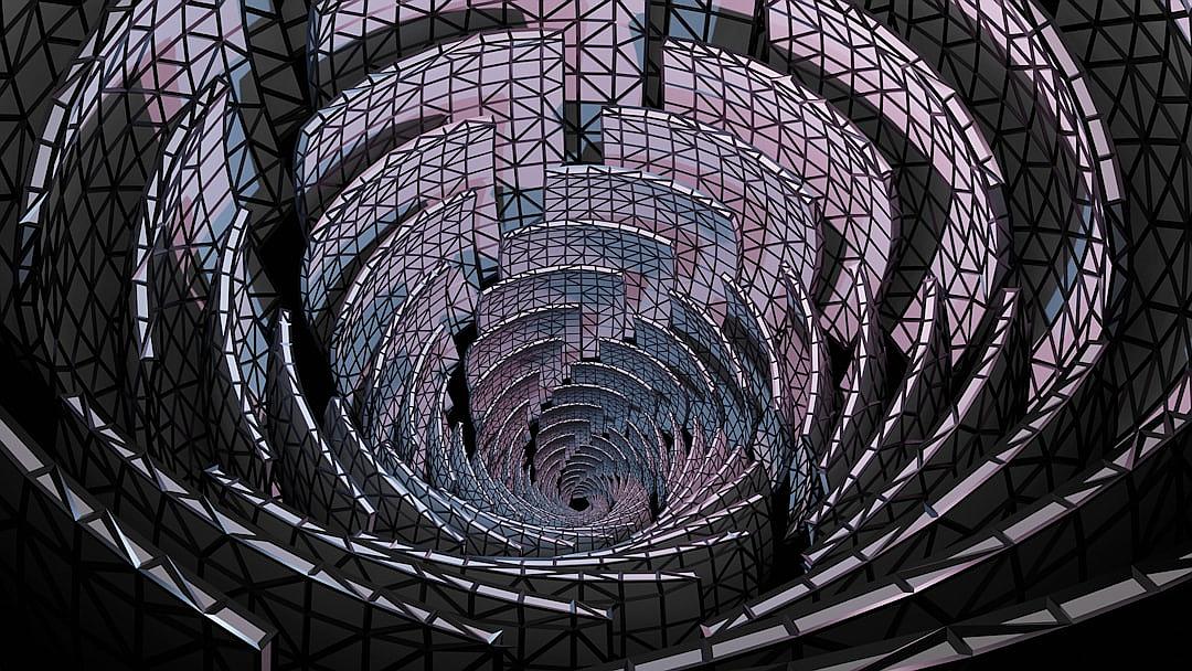 inside the dome of”jusdibuntes”, archim compensate building, geometric structure, a spiral portal made by anamorphic glass with thin black frames and dark metal edges, vector illustration, hyper realistic, symmetrical composition, epic, futuristic, depth of field, rule of thirds,