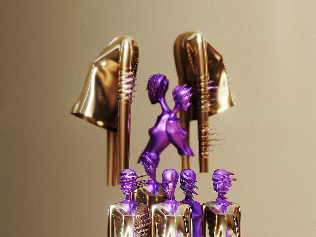 3D render of a gold and purple metal figure with three heads holding an oversized hairbrush, on top of which there is a golden platform, all set against a beige background. The figures have exaggerated proportions and look like they could be part of the fashion world or a contemporary art exhibition. They appear to be floating in midair, adding depth and movement to the composition. This scene conveys elegance and surrealism, drawing inspiration from modern design aesthetics in the style of contemporary art.