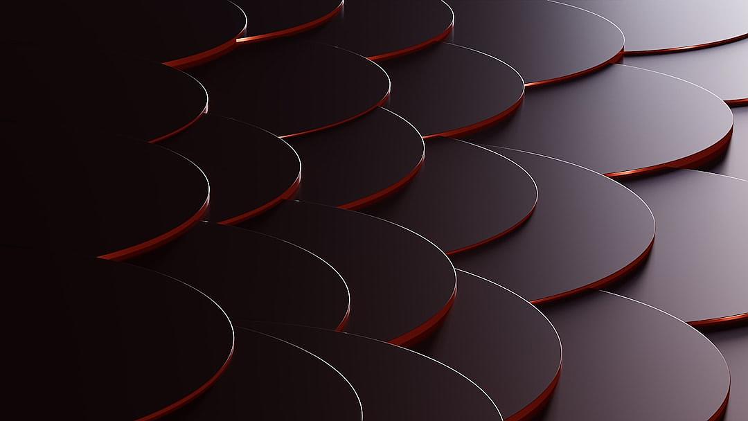 Black background with a series of dark red circles in the shape of an abstract dragon scale pattern, rendered in 3D for depth and realism. The scales have smooth edges that create a sense of movement and elegance. A high quality image captures the intricate details and vibrant colors of each circle, providing a visually stunning composition. This digital artwork is perfect as a backdrop or wallpaper to emphasize modernity and futuristic design elements in the style of a modern artist.