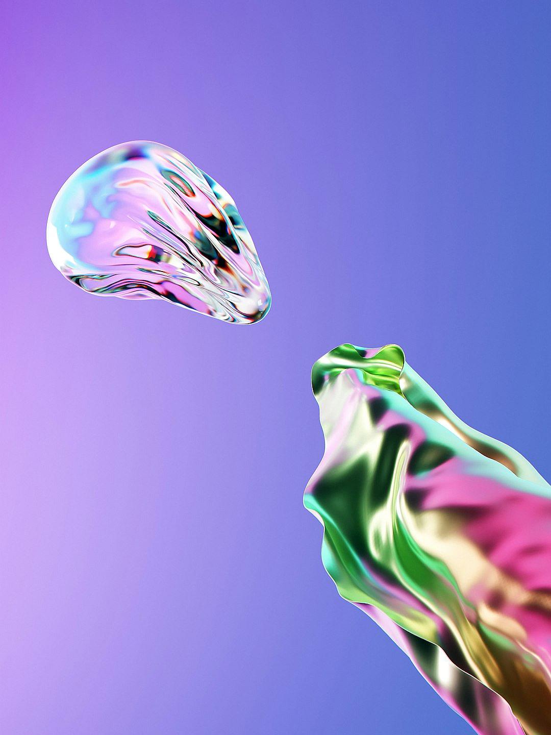 two floating liquid shapes in the air, one pink and green and other purple, on a gradient blue background, fluid glassy form