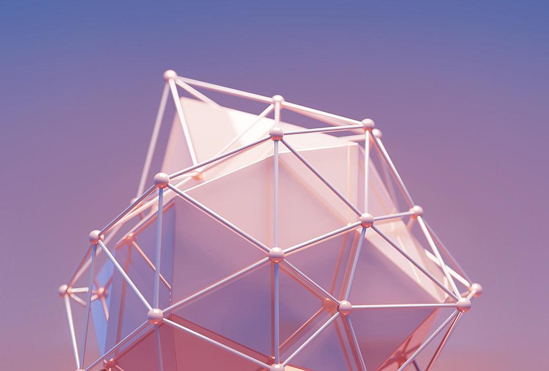 A minimalistic polygonal cube made of thin metal lines with an octahedron on top, against the background of a light blue and pink sky, in the style of 3d rendering, created in blender or cinema4D, with a resolution of 20 megapixels, taken as a closeup shot, appearing hyper realistic and highly detailed, with studio lighting and volumetric light creating soft shadows.