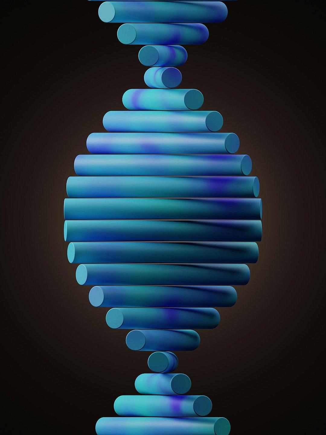 A blue DNA double helix made of smooth cylindrical shapes with gradient colors against a solid black background in high resolution.