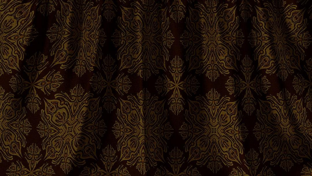 dark brown and gold pattern on dark fabric, pattern only, no background, no floor, no ceiling,