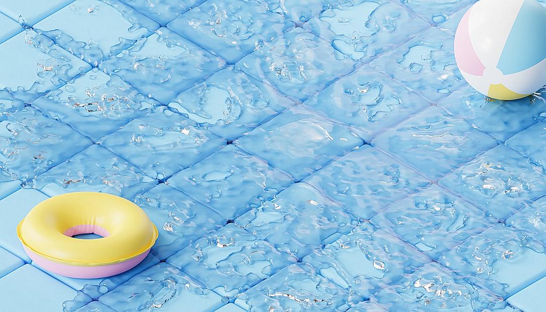 A top view of an ice blue tile background with swimming pool elements, such as inflatable toys and water droplets. The color scheme is mainly light yellow, pink, sky blue, white, creating a fresh summer atmosphere. It was created using C4D software to create a realistic effect, with high resolution and high definition images.