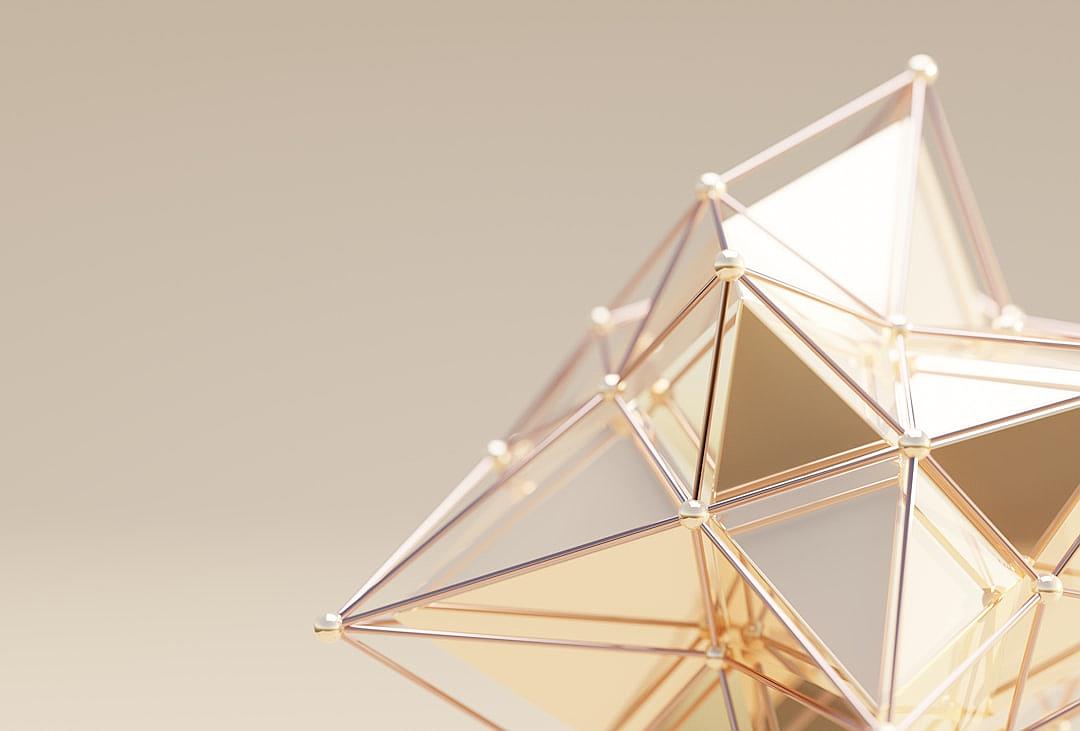 A closeup of an isometric geometric shape, composed of golden metal and glass, with clean lines and a sense of technology. The background color should be a light beige or cream to highlight the metallic texture and reflections on its surface. This design could symbolize innovation in the style of tech product development.