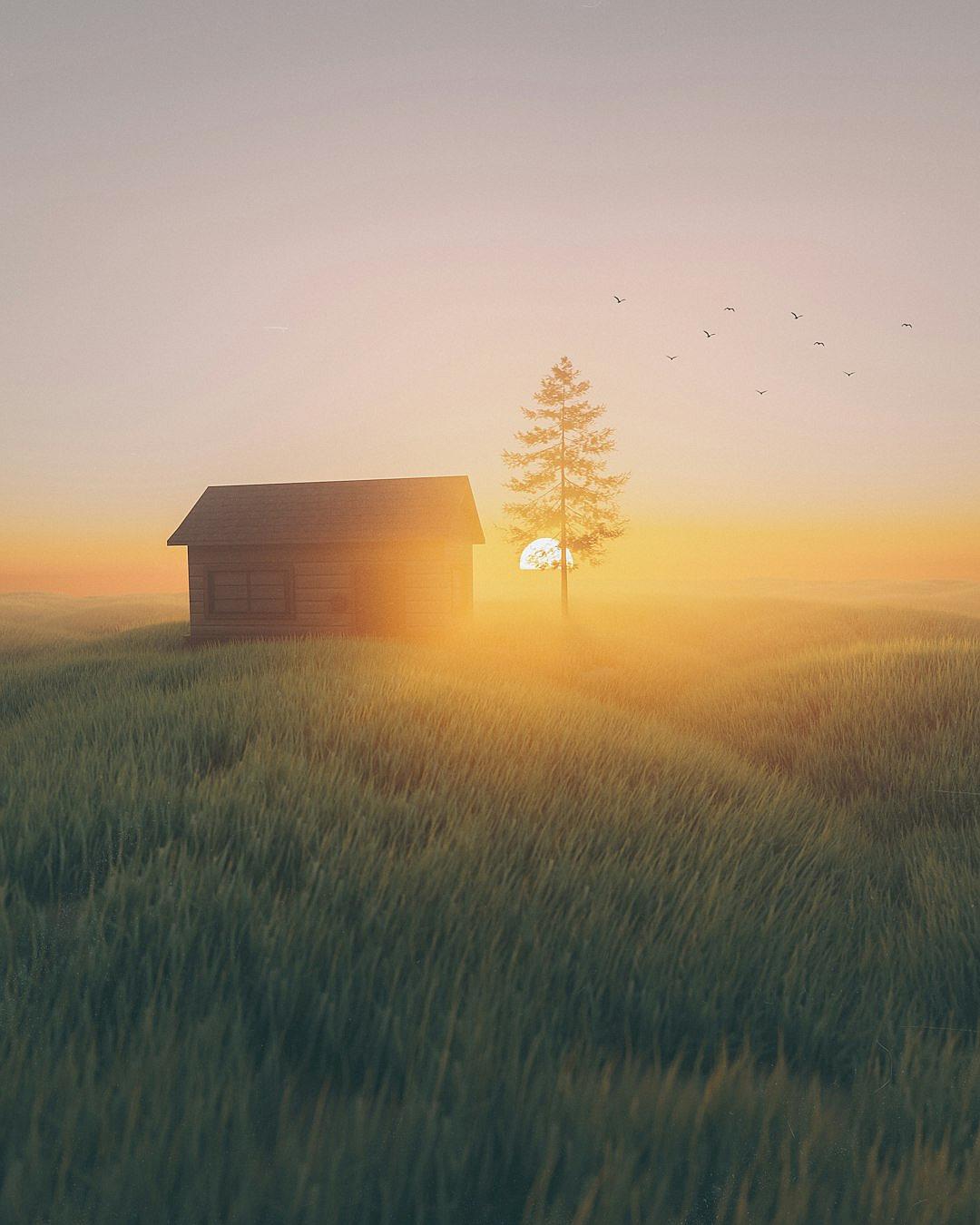 a small wooden house in the distance, sunrise, tall grass field, foggy sky, realistic, minimalist, ethereal aesthetic, hyperrealistic, cinematic