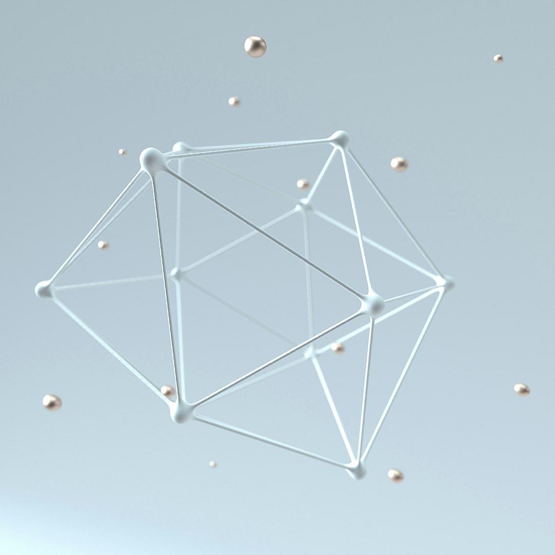 A white geometric figure made of thin lines floats in the air, with some small spheres floating around it on light blue background. The overall style is simple and minimalist, creating an atmosphere reminiscent of digital art. It features a threedimensional design that includes C4D rendering and highdefinition resolution. This illustration symbolizes technology, science or artificial intelligence. ,