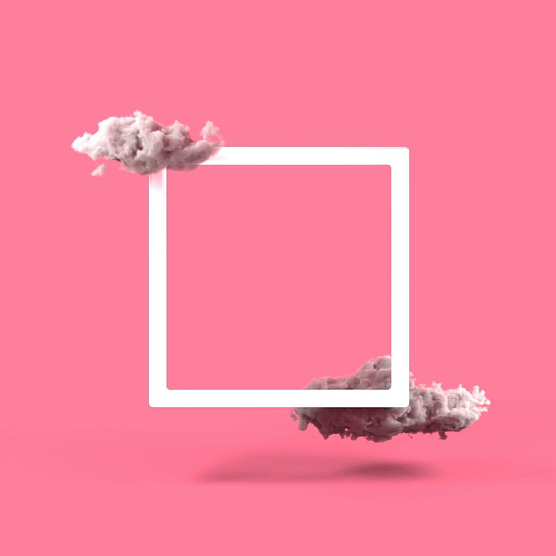 A white square frame floating in the air on a pink background with clouds, in a simple and minimalistic style, digital art in the style of Wou Ha Sacko, with a pastel color scheme, at a high resolution.