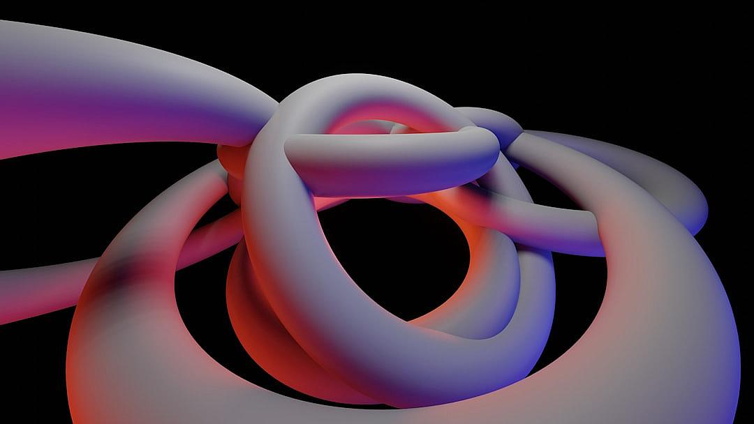 A three-dimensional knot, rendered in the style of cinema4d with an iridescent gradient color scheme and a black background. It features white and purple hues. The lighting is soft and natural. In the center there is a glowing red dot that forms another chainlike shape, adding depth to the composition. This creates a surreal scene with light reflections on each other, creating a mesmerizing visual effect.