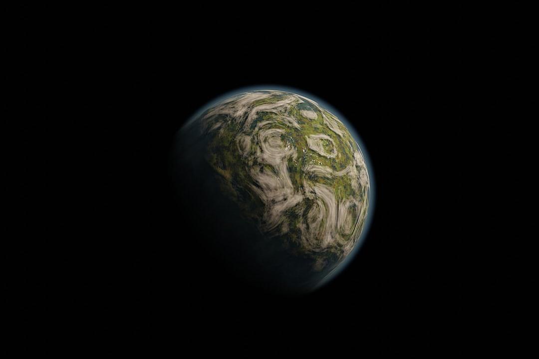 a small planet with dark green and white swirly terrain, black background, floating in space, photorealistic, cinematic