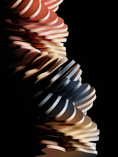 abstract 3d shapes, muted colors, black background, vertical composition