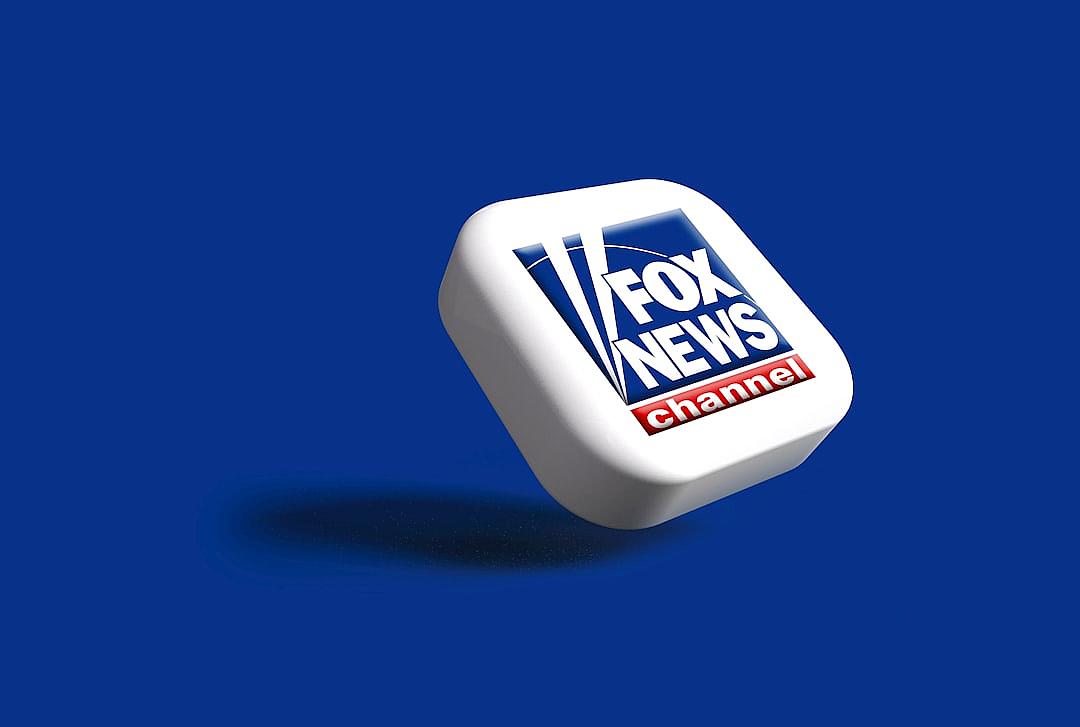 3D logo of the Fox News channel on white, floating in air, “Fox News” text written with red font color and blue background color, simple design, in the style of vector illustration, flat vector, no shadows, white square button, cartoonish, 2D, high resolution, on dark blue solid background, high quality, high detail, high definition, high sharpness, in the style of hyper realistic, in the style of hyper detailed.