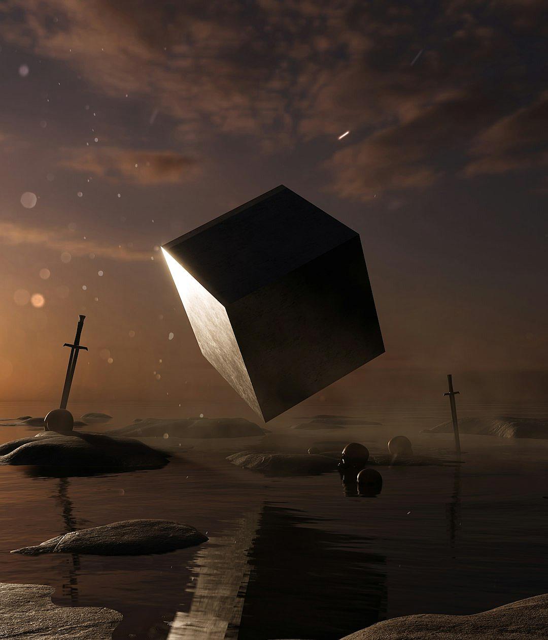 A black cube floating in the air above water, reflections of light on its surface, a sword sticking out from behind it, a cross is also stuck into the ground beside the cube’s tip, night time, dusty sky with stars, volumetric lighting, rendered in Octane.