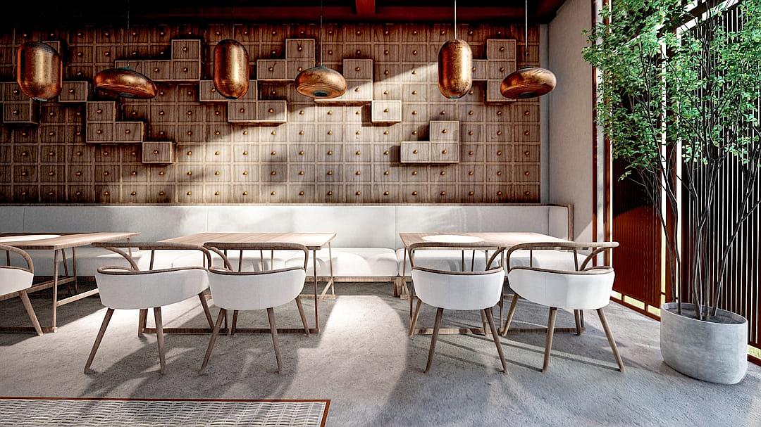 3D rendering of a Chinese style restaurant interior design with white chairs and wooden tables in the middle of an open space. The wall is covered with copper tiles in a square pattern, creating an atmosphere full of warm tones. In front of each table stands three matching modern style round pendant lights hanging from above. On one side sits several potted plants adding greenery to the scene.