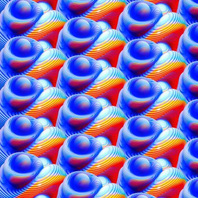 3D pattern of blue and red gradient shells, seamless repeating pattern in the style of nature.