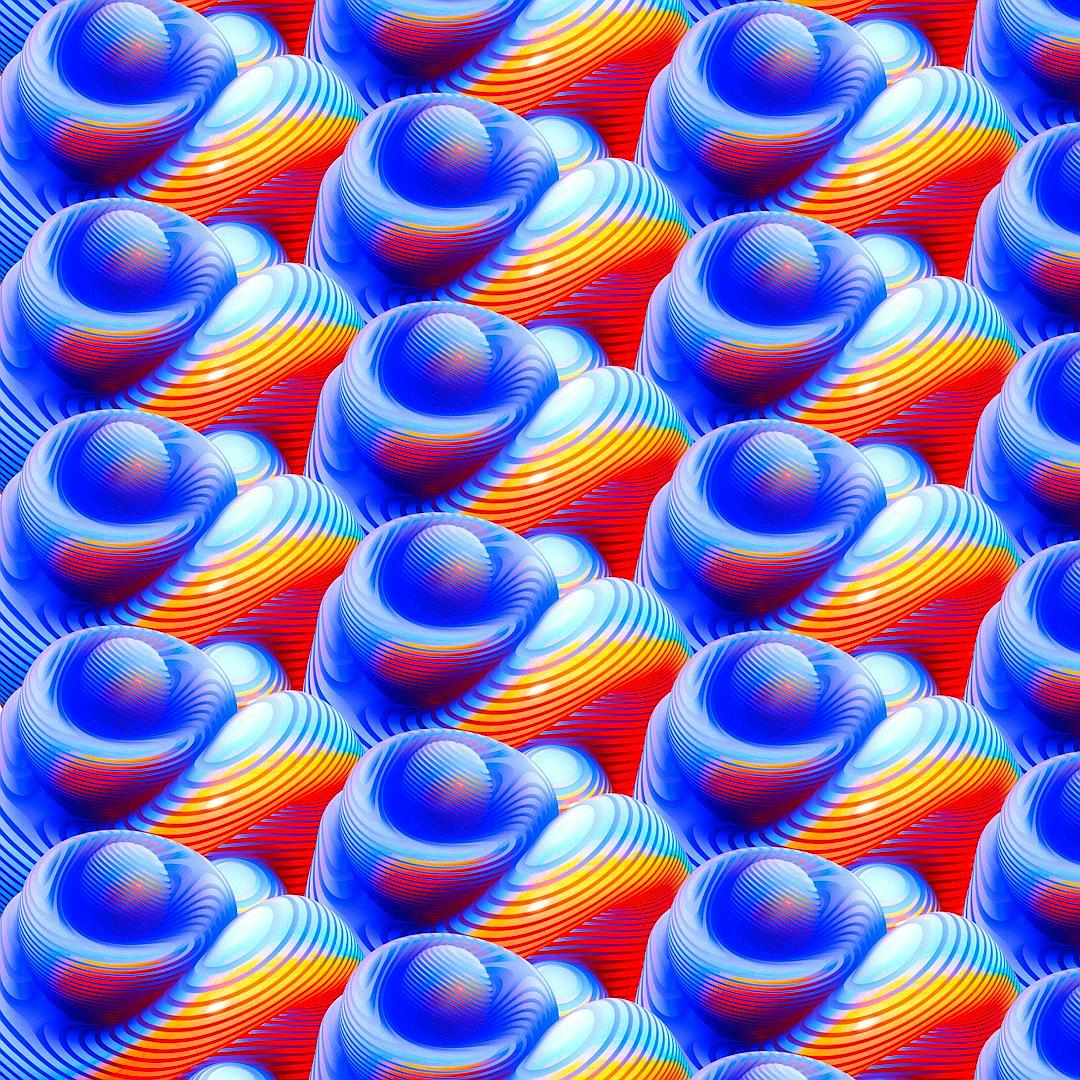 3D pattern of blue and red gradient shells, seamless repeating pattern in the style of nature.