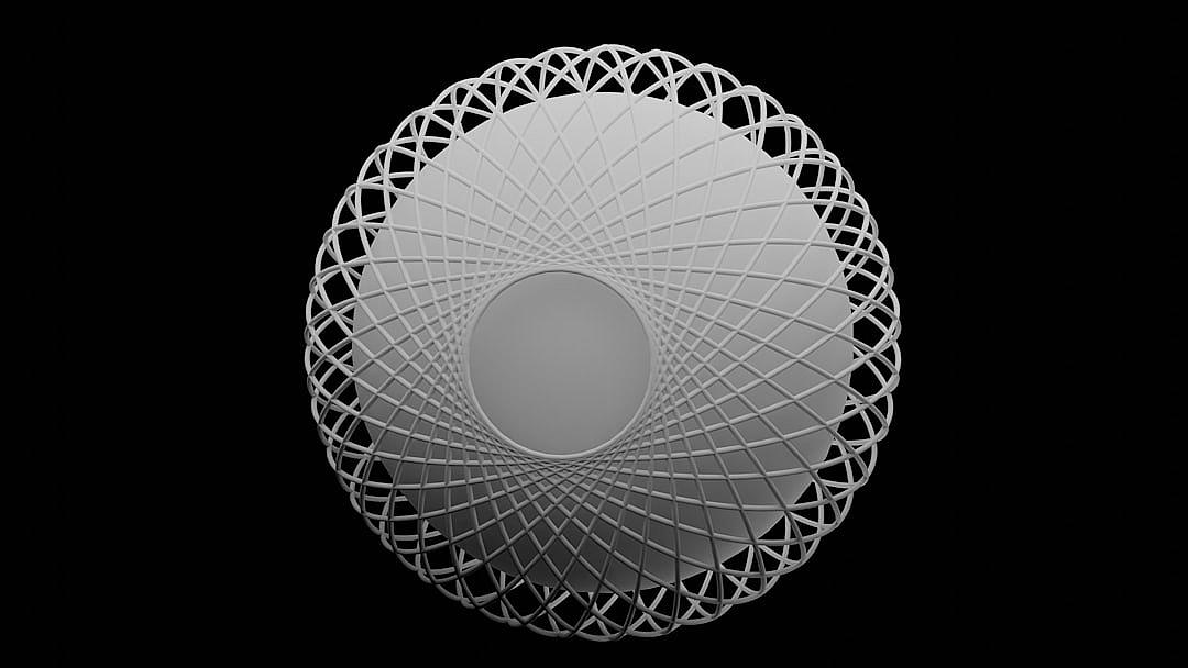 3d render of an oval with many lines, white on black background, circular pattern