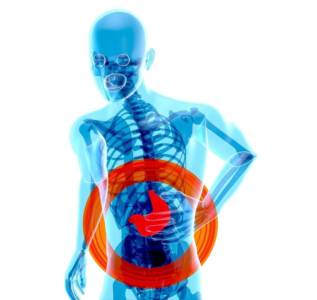 A man with back pain, a red circle on his stomach and blue skin is seen in an xray of their body, on a white background, in the style of a cartoon, as a 3D rendering. The medical icon design has clear edges, a high saturation color scheme, closeup shots, indoor lighting effects, prominent muscle contours. It uses soft shadows to highlight details. There is no text or other elements below it, in the style of a cartoon.