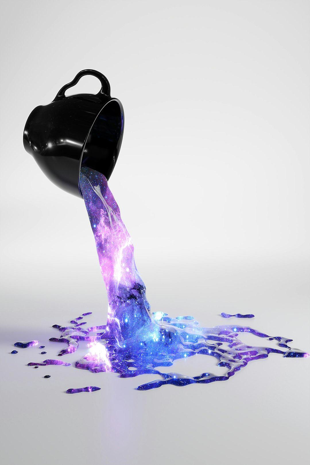 a black coffee cup pouring purple and blue galaxy liquid, white background, 3d render, octane render, studio light, high resolution photography