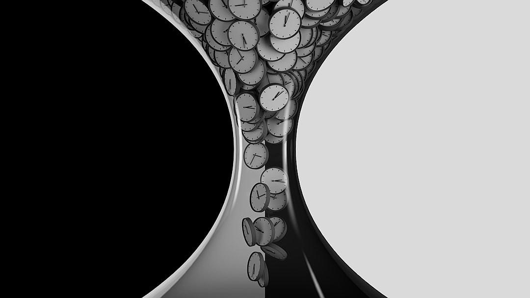 A black and white digital art piece depicting an hourglass filled with clocks, symbolizing the passage of time in business development. The design incorporates monochromatic shades, creating depth through gradients to emphasize its timeless theme. It is a visually striking representation that captures attention for both graphic and social media use in the style of focus on face.