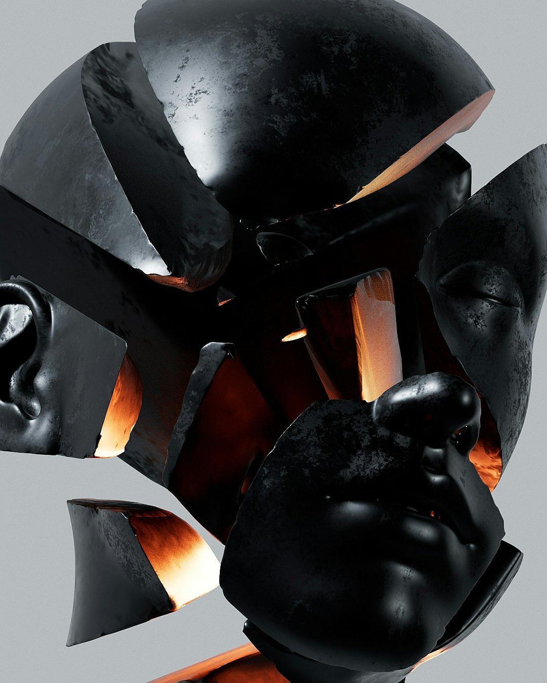 A black sculpture of an African man’s head is broken into pieces, each piece has different facial expressions and emotions. There is some orange light coming from inside the helmet, with a cinematic, hyper realistic style.