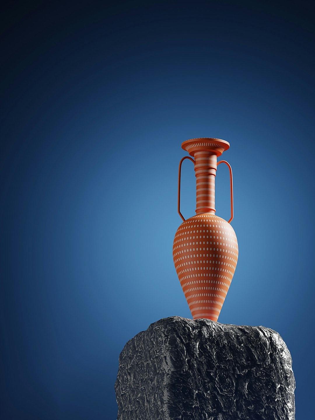 A red ancient Greek vase with white dots stands on top of black rock against a blue background. The product photography has a minimalist style with studio lighting for a high resolution, hyperrealistic image in the style of ecommerce photo shoot.