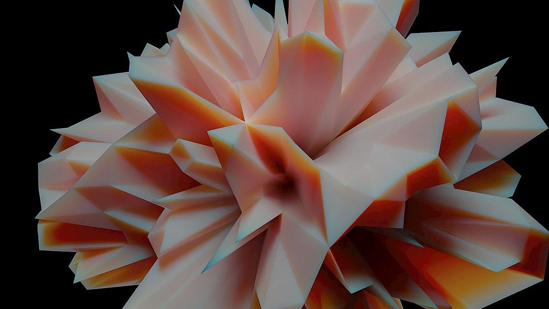 A lowpoly render of an origami flower, peach colored with white and orange accents, against a black background, rendered in the style of cinema4d, shown in close up.