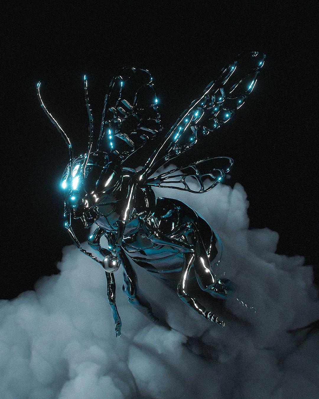 a chrome metallic cyberpunk robotic wasp flying through white clouds, glowing blue eyes, black background, hyper realistic photography