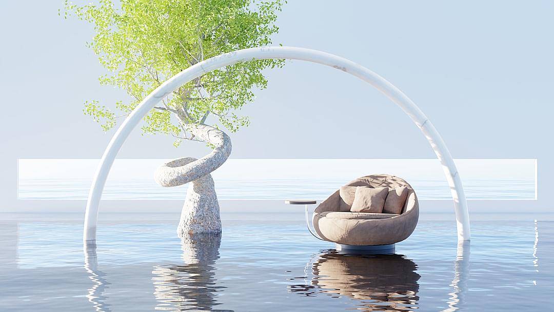 A minimalistic white metal arch stands on the water, around it there is an armchair made of beige fabric and a tree in a vase. The background features light blue tones and calm waters. In front of them you can see a sofa with two pillows. This concept was created by Japanese artist [Sui Ishida](https://goo.gl/search?artist%20Sui%20Ishida) for his work called ’empty space