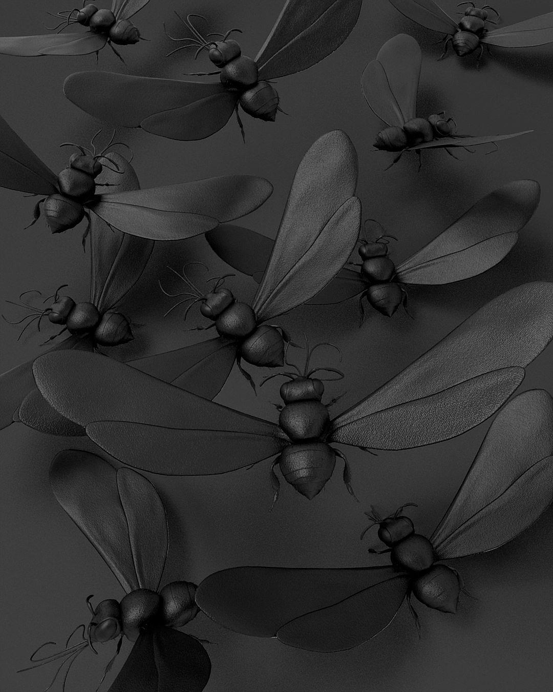 A digital art piece featuring multiple black flies on a grey background, rendered in the style of a monochromatic style with soft lighting and shadows to create depth and texture. The illustration is detailed yet minimalist, focusing solely on the forms of each fly against the solid color backdrop. This composition creates an atmosphere that’s both elegant and mysterious, drawing inspiration from the works of minimalistic artists like James S beard or [Harriet Lee-Merrion](https://goo.gl/search?artist%20Harriet%20Lee-Merrion) in their styles.