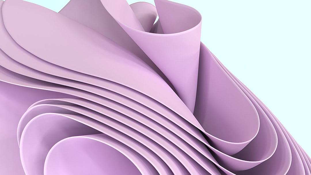 A purple curved paper with light pink background, 3D rendering, C4d, and OC renderer. The design is simple and exquisite, showcasing the best quality of the product. It features a threedimensional composition that highlights an abstract shape in the form of spiral curves, with smooth lines and soft lighting effects. In closeup shots, it showcases a sense of space and creates stunning visual impact.,,in