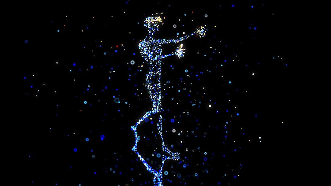 A single light blue hologram of an ancient Greek dancer floating in black space, composed entirely from glowing particles and digital lights. The figure is composed of intricate patterns of shimmering dots that give it the appearance of being made up of countless tiny stars. It’s performing a dance with its arms outstretched to one side as if dancing on stiltlike legs.