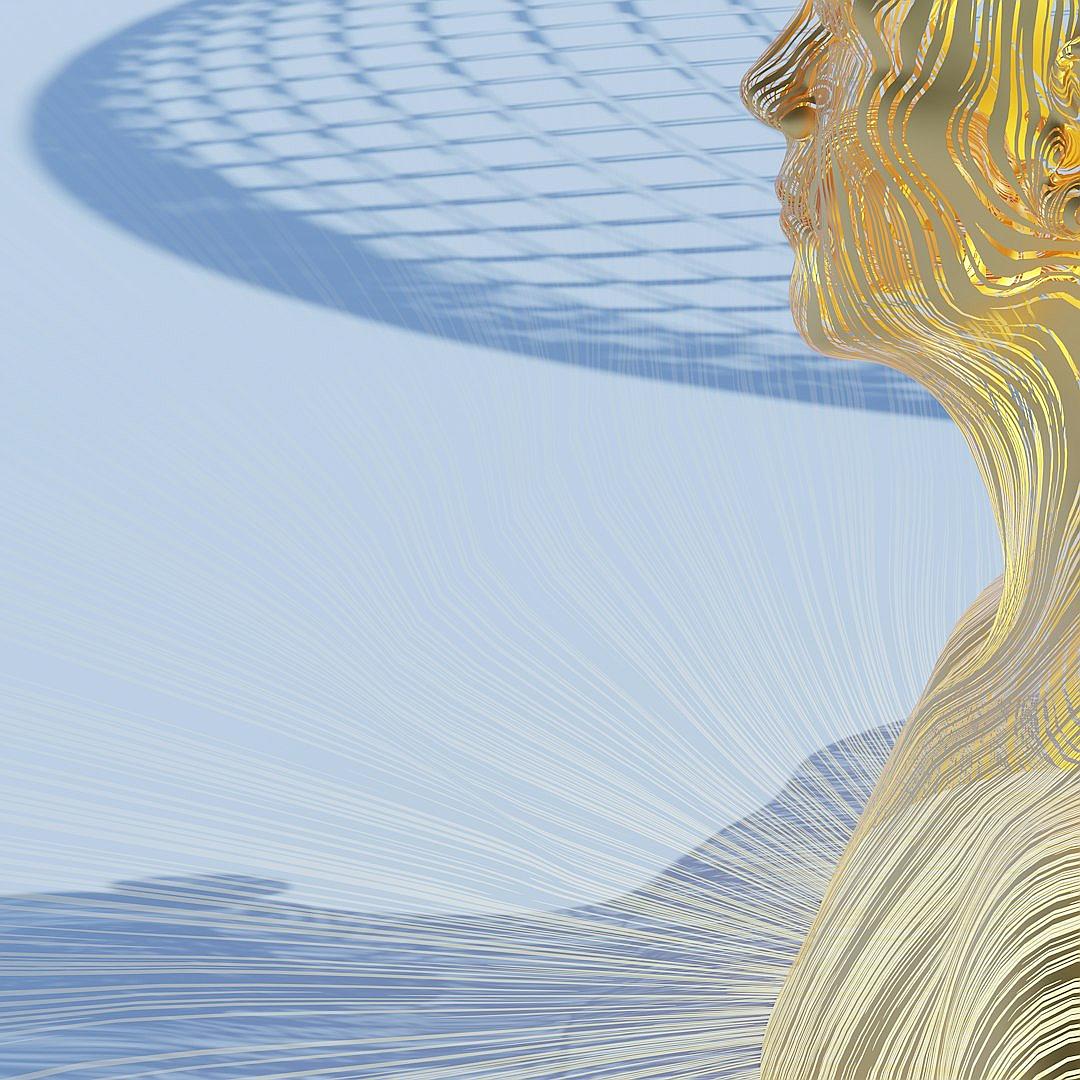 A golden woman’s head is wrapped in light blue and white gradient lines, with an abstract background of undulating shadows, rendered in the style of Cinema4D, with a sense of technology. The overall composition features light gold and yellow tones, creating a three-dimensional effect. It has strong perspective effects, high-definition images, and exquisite details in the style of Cinema4D.