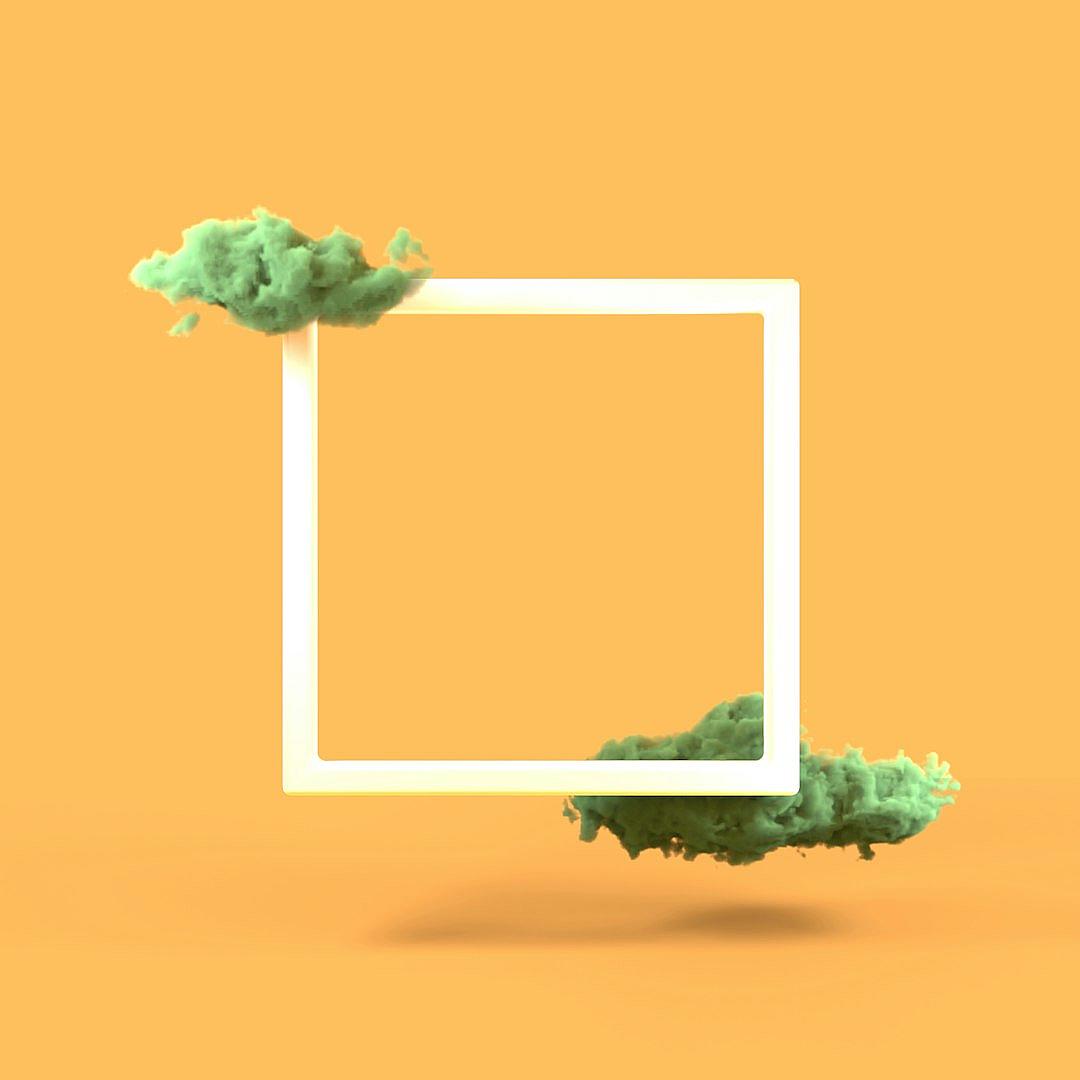 White square frame floating in the air on an orange background, with green cloud-shaped elements inside it. The entire scene is rendered using Cinema4D and features a minimalist style. It’s created in the style of Kaito Sato and includes vector graphics. This artwork has been designed for use as a product poster, featuring 3D rendering.