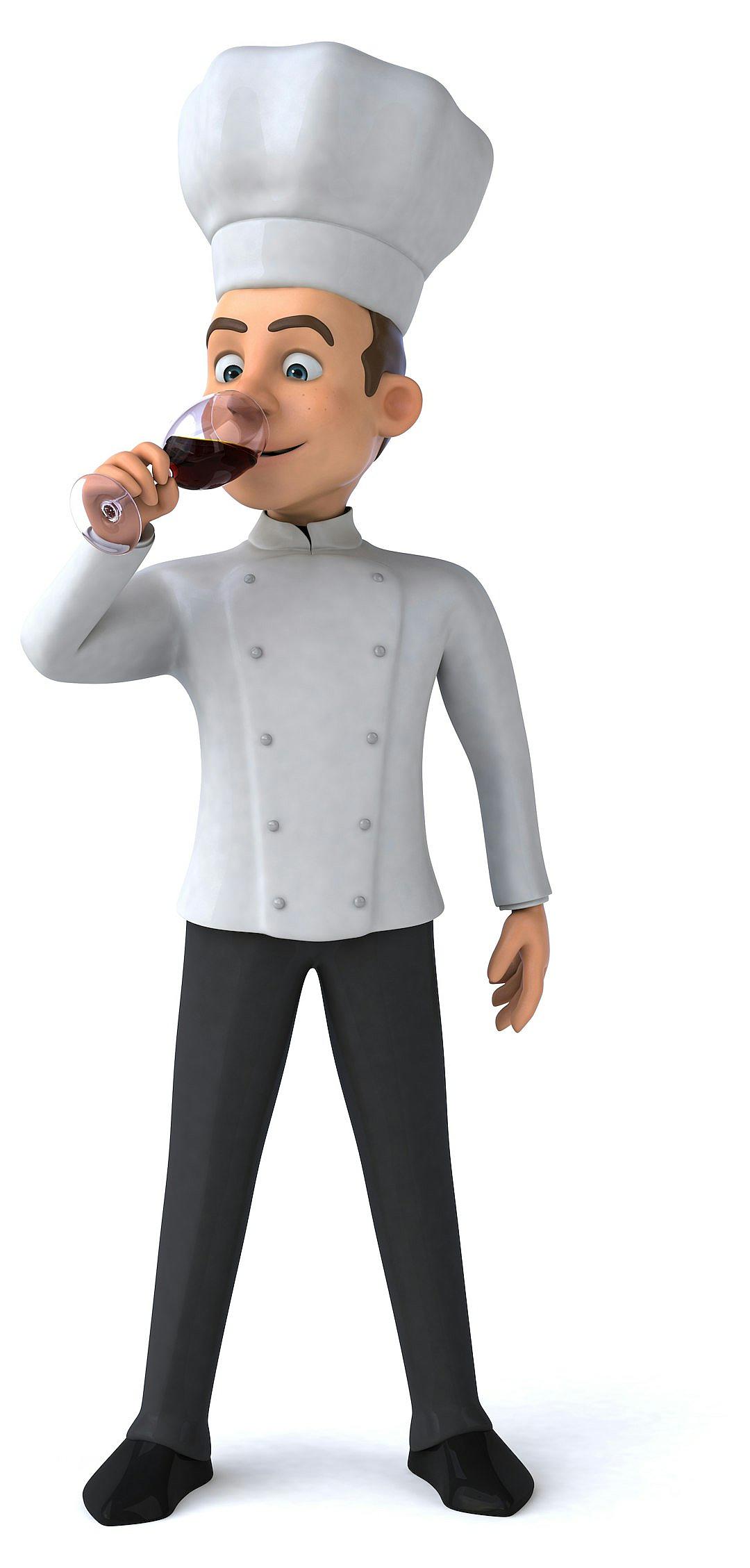 3D cartoon, happy chef drinking wine with a cool pose in the style of Pixar on a white background, adorable characters in high resolution